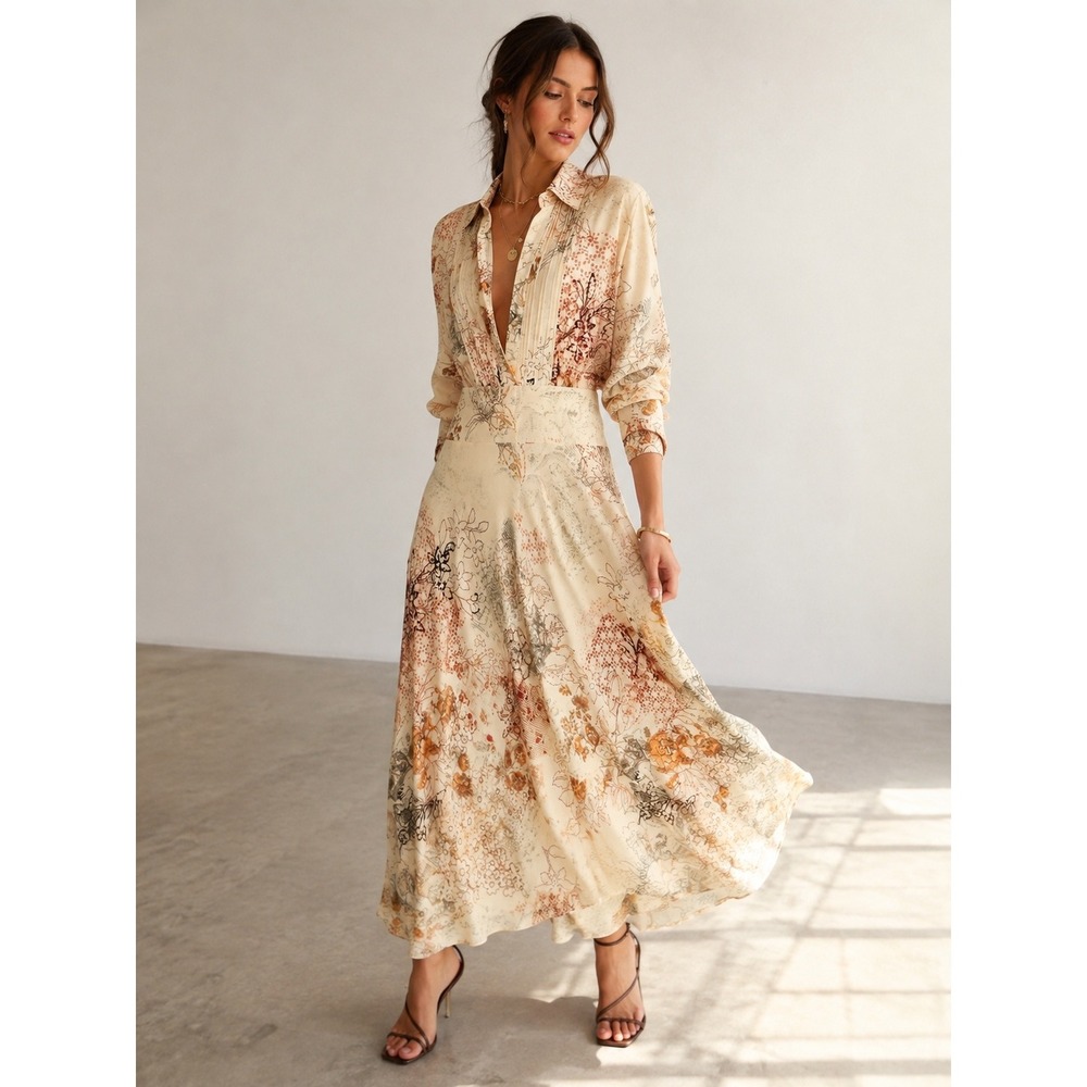 Massimo Dutti Floral Maxi Shirt Dress 10 Cream Romantic Boho Quiet Luxury